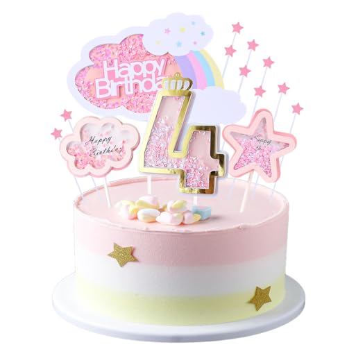 Kawailay 4 Geburtstag Tortendeko Mädchen 4th Geburtstag Kuchendeko Happy Birthday Regenbogen Cake Topper Wolken Sterne Kuchen Deckel für Mädchen Geburtstag - Rosa von Kawailay