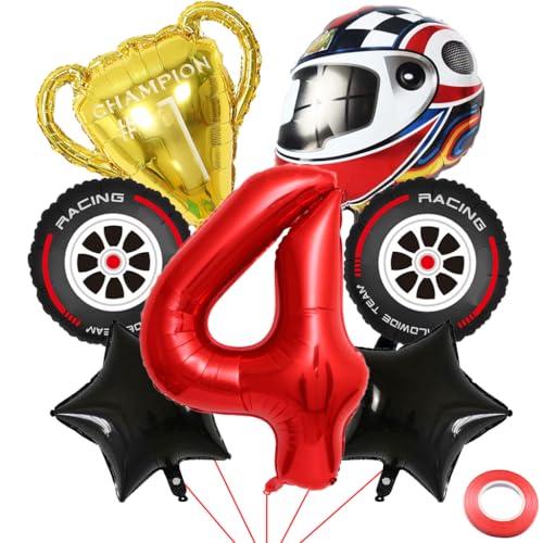 Kawailay 4 Jahr Rennauto Geburtstag Luftballons 4. Rennwagen Geburtstag Deko Racing 4. Geburtstag Deko Ballons Trophäen Helm Reifen Folienballon Rot Zahl 4 Luftballon für Junge Geburtstag Party von Kawailay