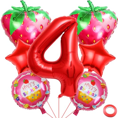 Kawailay 4. Erdbeer Geburtstag Deko Erdbeere 4. Geburtstag Deko Ballons Obst Erdbeere Folienballon Rot Zahl 4 Luftballon für Mädchen Geburtstag Party Motto Party von Kawailay