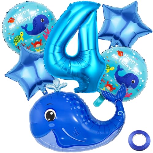 Kawailay 4. Wal Geburtstag Deko Meerestier 4. Geburtstag Deko Ballons Wal Folienballon Blau Zahl 4 Luftballon für Junge Mädchen Geburtstag Party Motto Party von Kawailay