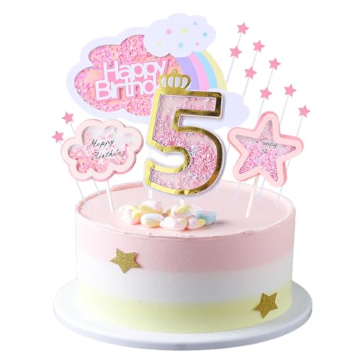 Kawailay 5 Geburtstag Tortendeko Mädchen 5th Geburtstag Kuchendeko Happy Birthday Regenbogen Cake Topper Wolken Sterne Kuchen Deckel für Mädchen Geburtstag - Rosa von Kawailay