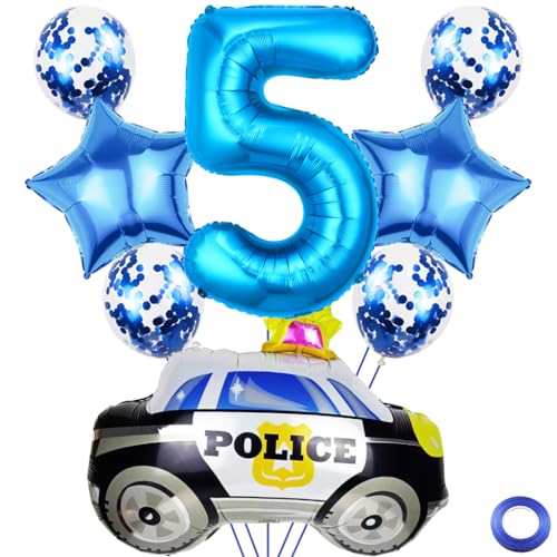 Kawailay 5 Jahr Polizei Geburtstag Luftballons 5. Polizei Geburtstag Deko Polizist 5. Geburtstag Deko Ballons Polizeiauto Folienballon Blau Zahl 5 Luftballon für Junge Geburtstag Party von Kawailay