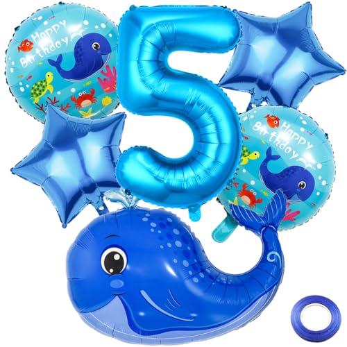 Kawailay 5. Wal Geburtstag Deko Meerestier 5. Geburtstag Deko Ballons Wal Folienballon Blau Zahl 5 Luftballon für Junge Mädchen Geburtstag Party Motto Party von Kawailay