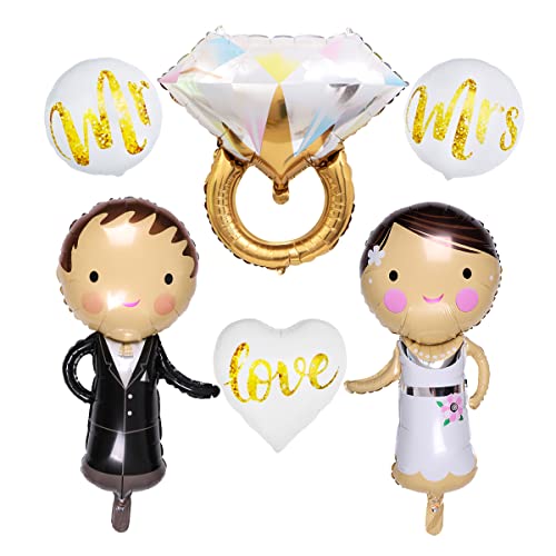 Kawailay 6 Stück Hochzeits Ballons Brautpaar Folienballon Braut Bräutigam Ballon Diamant Ring Love Mr Mrs Luftballon für Heiratsantrag Verlobung Hochzeit Valentinstag Gold von Kawailay