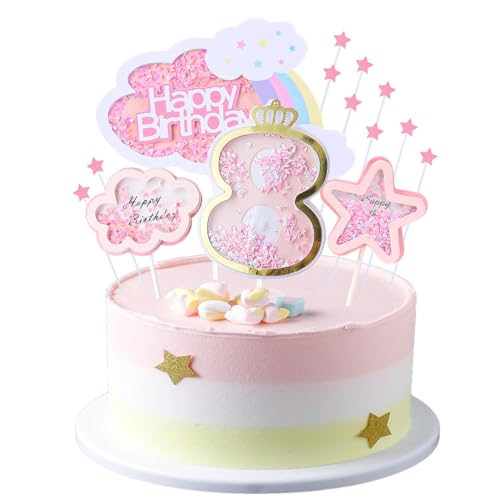 Kawailay 8 Geburtstag Tortendeko Mädchen 8th Geburtstag Kuchendeko Happy Birthday Regenbogen Cake Topper Wolken Sterne Kuchen Deckel für Mädchen Geburtstag - Rosa von Kawailay