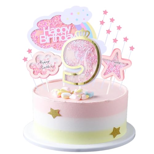 Kawailay 9 Geburtstag Tortendeko Mädchen 9th Geburtstag Kuchendeko Happy Birthday Regenbogen Cake Topper Wolken Sterne Kuchen Deckel für Mädchen Geburtstag - Rosa von Kawailay