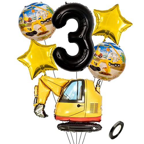 Kawailay Bagger Geburtstag Deko 3 Jahre 3. Baustelle Geburtstag Deko Schwarz Zahl 3 Luftballon Bagger Folienballon Baufahrzeuge Heliumballon für Jungen Geburtstag Party von Kawailay