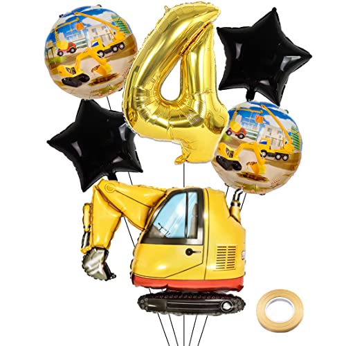 Kawailay Bagger Geburtstag Deko 4 Jahre 4. Baustelle Geburtstag Deko Gold Zahl 4 Luftballon Bagger Folienballon Baufahrzeuge Heliumballon für Jungen Geburtstag Party von Kawailay