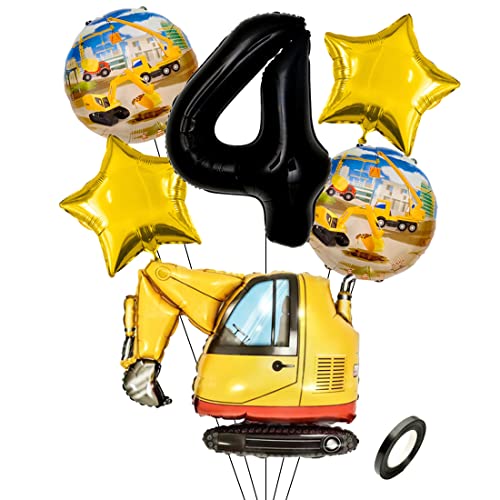 Kawailay Bagger Geburtstag Deko 4 Jahre 4. Baustelle Geburtstag Deko Schwarz Zahl 4 Luftballon Bagger Folienballon Baufahrzeuge Heliumballon für Jungen Geburtstag Party von Kawailay