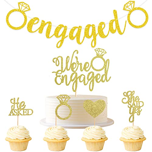 Kawailay Glitter Engaged Girlande Banner und Cake Topper She Said Yes Kuchen Topper mit Diamantring Herz Verlobung Flagge Hängende Deko für Verlobung Hochzeit Hen Party Polterabend - Gold von Kawailay