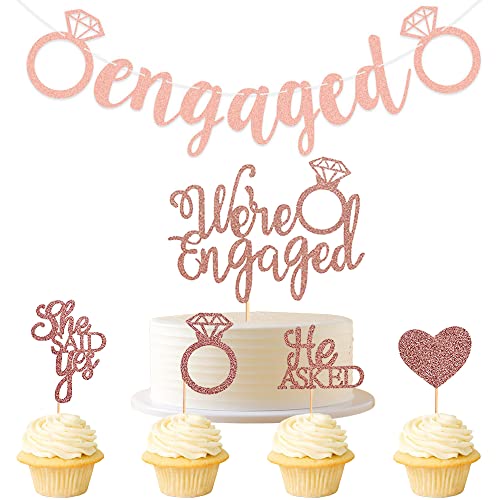 Kawailay Glitter Engaged Girlande Banner und Cake Topper She Said Yes Kuchen Topper mit Diamantring Herz Verlobung Flagge Hängende Deko für Verlobung Hochzeit Hen Party Polterabend - Roségold von Kawailay