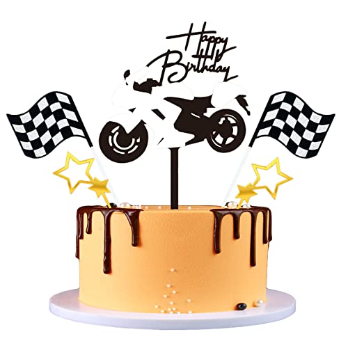 Kawailay Motorrad Cake Topper Tortendeko Acryl Kuchenaufsatz Tortenaufsatz Happy Birthday Kuchen Topper mit Glitter Stern und Banner für Männer Jungen Motorradliebhaber Geburtstag Dekoration Weiß von Kawailay