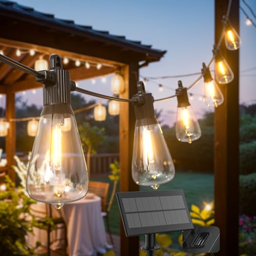 Kawaya Solar Lichterkette Außen 10M LED Lichterkette Aussen Solar Wiederaufladbar 5 Lichtmodi IP65 Wasserdicht mit 15+1 ST38 Glühbirnen Warmweiß Outdoor Balkon Lichterkette für Garten Terrasse von Kawaya