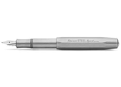 Kaweco STEEL SPORT Füllhalter I Premium Edelstahl Füllfederhalter für Tintenpatronen mit hochwertiger Stahlfeder I Luxus Füller aus gebürstetem Stainless Steel 13 cm I Federbreite: B (Breit) von Kaweco