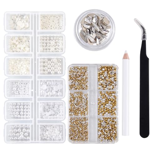 Kawyehu 3 Boxen Nail Art Strasssteine – Halbrunde Perlen und Strasssteine 2550 Stück, weiße und beige Perlen und Kristall-Edelstein-Set mit Pinzette und Aufnahmestift, für Nail Art und DIY-Dekoration von Kawyehu