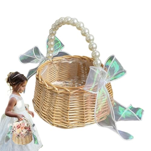 Blumenmädchen Korb, Rattan Blumenkorb Geflochtener Blumenkorb, Blumenmädchenkorb Mit Perlengriff, Streukörbchen Hochzeit, Feenblumenkorb Mit Schleife Für Hochzeit Tischdeko von Kaxenig