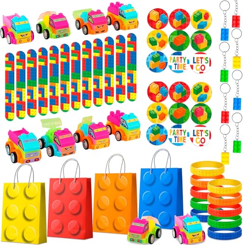 Bauklötze Party Mitgebsel, 62pcs Blöcken Themen Party Geschenk Set - Bauklötze Themen Mitgebsel Schlüsselanhänger Aufkleber Wristband Slap Armbänder etc Bausteine Partygeschenke für Kinder von Kaxulvoblig