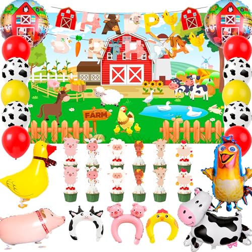 Bauernhof Geburtstag Deko, 49 Pcs Bauernhoftier Geburtstags Dekoration Set Bauernhof Deko Luftballons, Bauernhoftiere Ballons Bauernhoftiere Banner Hintergrund etc Barnyard Geburtstagsparty Zubehör von Kaxulvoblig