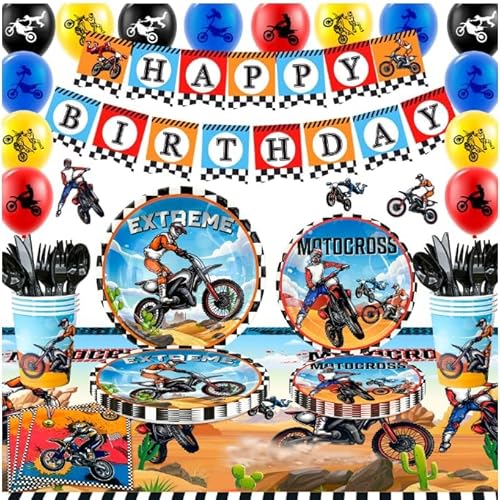 Dirt Bike Geburtstags Dekoration, Motorrad Party Dekoration, Dirt Bike Party Dekoration Banner Luftballons Teller Becher Serviette Tischdecke etc Motocross Geburtstag Supplies Serve 10 von Kaxulvoblig