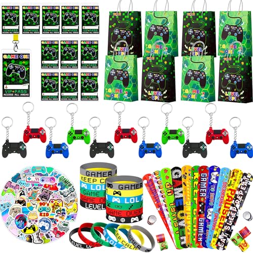 Kaxulvoblig Videospiel-Partygeschenke für Kinder, 110-teiliges Gamer-Partygeschenk-Set inklusive Videospiel-Armband, Slap-Armbänder, Schlüsselanhänger, Vip-Pass-Ticket und Gamer-Goodie-Taschen usw., von Kaxulvoblig