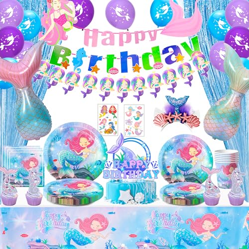 Meerjungfrau Geburtstag Deko,128pcs Meerjungfrauen Deko Kindergeburtstag Meerjungfrau Partygeschirr Set Meerjungfrau Party Banner Luftballon Teller Servietten Tischdecke etc Meerjungfrau Partyzubehör von Kaxulvoblig