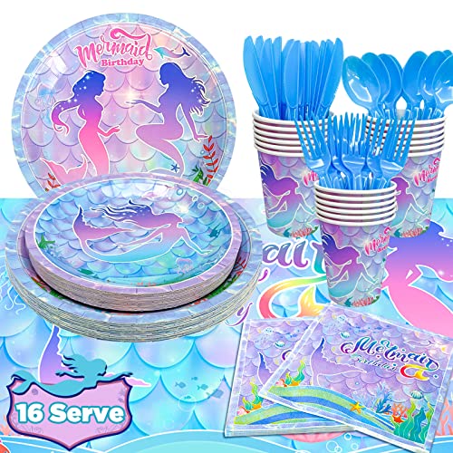 Meerjungfrau Partyzubehör Set,113pcs Meerjungfrau Party Geschirr Meerjungfrau Geburtstag Party Teller Servietten Tasse Tischdecke etc Meerjungfrau Tischdeko Kindergeburtstag für 16 Gäste von Kaxulvoblig