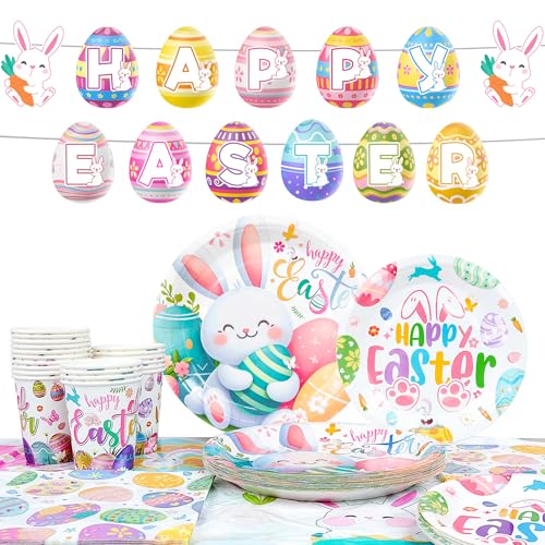 Osterhasen Partygeschirr, Ostern Kinder Partygeschirr Set - Happy Easter Banner Pappteller Servietten Becher etc Ostern Deko Geschirr für Easter Party Decorations & Ostern Tischdeko von Kaxulvoblig