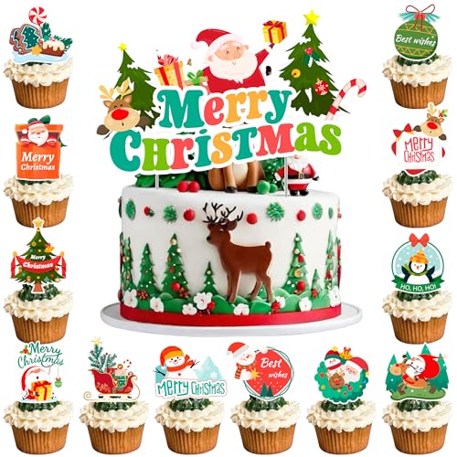 Weihnachten Kuchendekoration, 13 Pcs Cake Topper Weihnachten Party Set, 1 Big Weihnachtskuchen Topper, 12pcs Weihnachten Cupcake Topper, Perfekt für Weihnachtsmottoparty, Weihnachtsfeier für Kinder von Kaxulvoblig