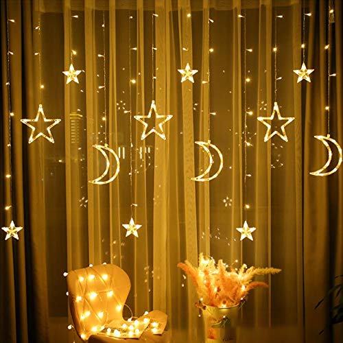 LED Lichterketten 3,5 m Stern Mond LED Vorhang Lichter Girlande Hochzeit Dekorationen für Ramadan, Weihnachten, Hochzeit, Party, Zuhause, Terrasse, Rasen (Warmweiß) von Kayan