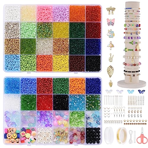 12000 Stück Perlen,Kayarita Perlen zum Auffädeln 3mm,Bunte Glasperlen Set für Armbänder,Schmuck Ketten Selber Machen Set,Glass Beads mit Kristallperlen,Geschenkidee Perlen Set von Kayarita