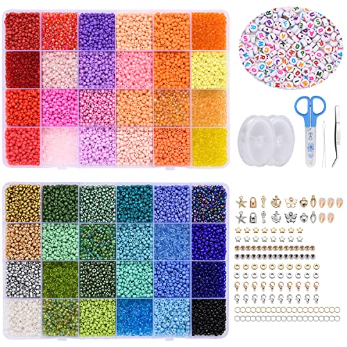 Kayarita 3mm 16000 Perlen Set Glasperlen zum Auffädeln,Bunte Perlen Basteln mit 300 Buchstaben Perlen,für Armbänder Selber Machen,Perlenset für Schmuck Ketten,Rocailles Perlen,Kleine Glass Beads von Kayarita