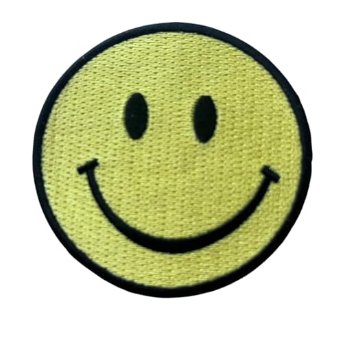 Classic Smiley Face Iron on Patch, Yellow and Black, Embroidered Badge for Clothing (2) von Kayes Textiles