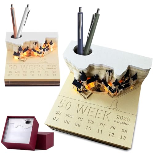 3D Kalender Abreißen 2025, Magic Castle 3D-Notizblock, Kreative Tischkalender-Notizblock, Memo-Pad Schreibtisch mit Stifthalter, Wochenkalender Papierskulptur Desktop Ornament(Schloss mit Licht) von Kayuneed