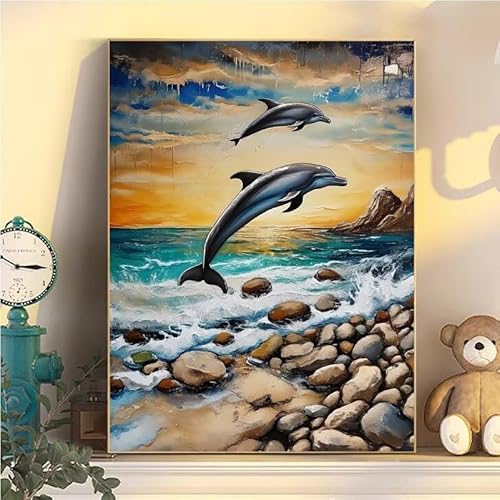 Delphin Malen Nach Zahlen Erwachsene Groß XXL 70x90cm, Malen Nach Zahlen Kinder ab 8 Strand, DIY Paint by Numbers Geschenk Kreativ Set für Erwachsene, Mit 3 Pinsel und Acrylfarbe für Wanddeko YH1-91 von Kazhxnng