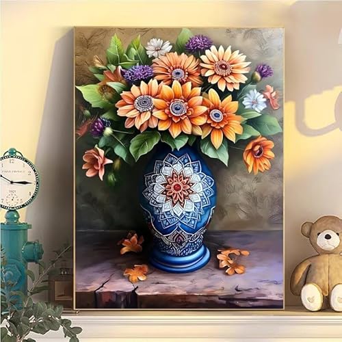 Malen Nach Zahlen Erwachsene Blume, Malen Nach Zahlen ab 9 Jahre Mädchen Vase, Paint by Numbers Adults Hobby Leinwand 45x60cm, DIY Bastelset Erwachsene Kinder Set, Mit 3 Pinseln, Acrylfarbe YH1-138 von Kazhxnng