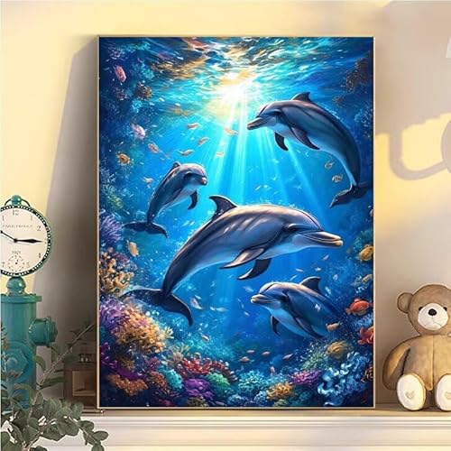 Malen Nach Zahlen Erwachsene Delphin, Malen Nach Zahlen ab 9 Jahre Mädchen Ocean, Paint by Numbers Adults Hobby Leinwand 35x45cm, DIY Bastelset Erwachsene Kinder Set, Mit 3 Pinseln, Acrylfarbe YH1-92 von Kazhxnng