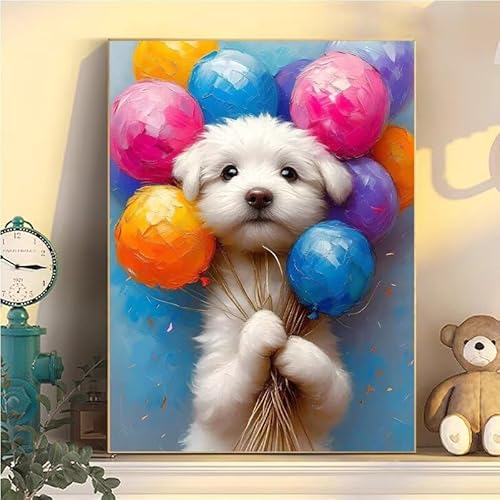 Malen Nach Zahlen Erwachsene Hund, Malen Nach Zahlen ab 9 Jahre Mädchen Ballon, Paint by Numbers Adults Hobby Leinwand 45x60cm, DIY Bastelset Erwachsene Kinder Set, Mit 3 Pinseln, Acrylfarbe YH1-71 von Kazhxnng