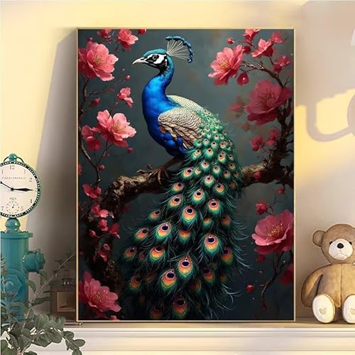 Malen Nach Zahlen Erwachsene Pfau, Malen Nach Zahlen ab 9 Jahre Mädchen Blume, Paint by Numbers Adults Hobby Leinwand 30x40cm, DIY Bastelset Erwachsene Kinder Set, Mit 3 Pinseln, Acrylfarbe YH1-186 von Kazhxnng