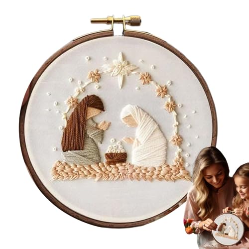 Weihnachtsstickerei-Set - Christliches Stickset, Stick-Starter-Set | Jesus Krippen-Szene Handwerk, Gestanztes Nadelstich-Set für Anfänger mit Anleitung von Kbnuetyg