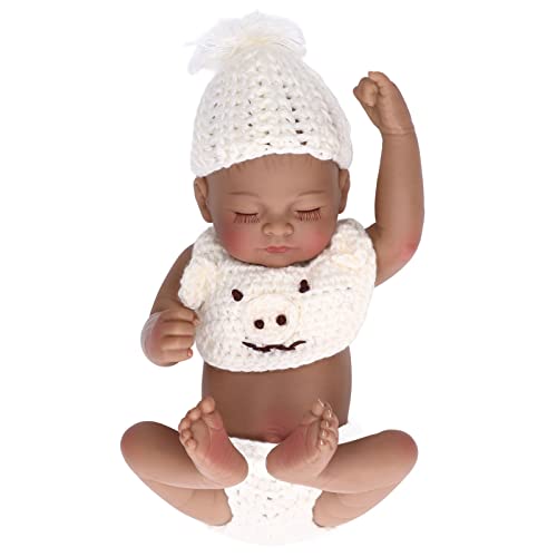 Kcabrtet Silikon-Neugeborenen-Babypuppe, lebensechte 10-Zoll-Säuglingspuppe für Kinderspielzeug (10inch Black Boy with Eyes Closed (White Clothes) von Kcabrtet