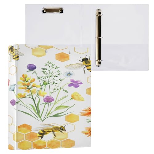 Kcldeci Hardcover 3-Ringbuch für Papier, Wildblumen und Bienen, 3,8 cm runde Ringe, Ordner-Organizer für Schule/Büro, 2 Stück von Kcldeci