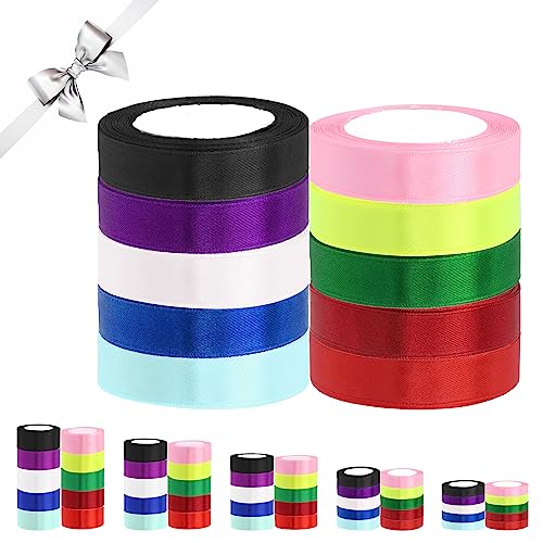 Keadic 10 Farben einfarbiges Satinband-Sortiment-Set, 1,6 cm x 22,7 m, Stoffband für Geschenkverpackungen, handgefertigte Haarschleifen, Party-Dekoration, Basteln von Keadic