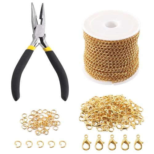 Keadic 102Pcs 30 Feet Schmuck machen Ketten Kit W 3mm Metall Halskette verdreht Links Kette, Karabinerhaken, offene Sprung Ringe und Schmuck Zangen für Armband Ohrring Fußkettchen DIY (Gold) von Keadic