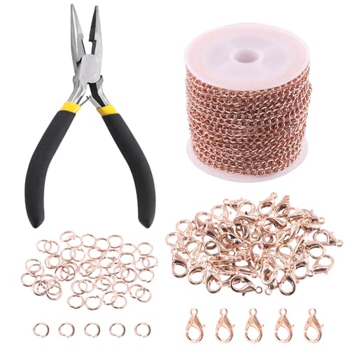 Keadic 102Pcs 30 Feet Schmuck machen Ketten Kit W 3mm Metall Halskette verdreht Links Kette, Karabinerhaken, offene Sprung Ringe und Schmuck Zangen für Armband Ohrring Fußkettchen DIY (Roségold) von Keadic