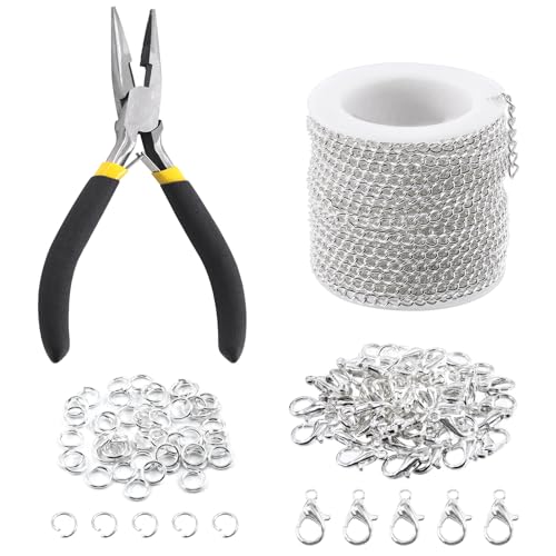 Keadic 102Pcs 30 Feet Schmuck machen Ketten Kit W 3mm Metall Halskette verdreht Links Kette, Karabinerhaken, offene Sprung Ringe und Schmuck Zangen für Armband Ohrring Fußkettchen DIY (Silber) von Keadic