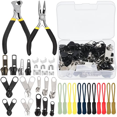 Keadic 144Pcs #3#5#8 Reißverschluss Reparatur Kit enthält Reißverschlüsse Verlängerung Pull, Reißverschluss Kopf unten Stop und Top Stop, Reißverschluss Ersatz mit Installationszange von Keadic