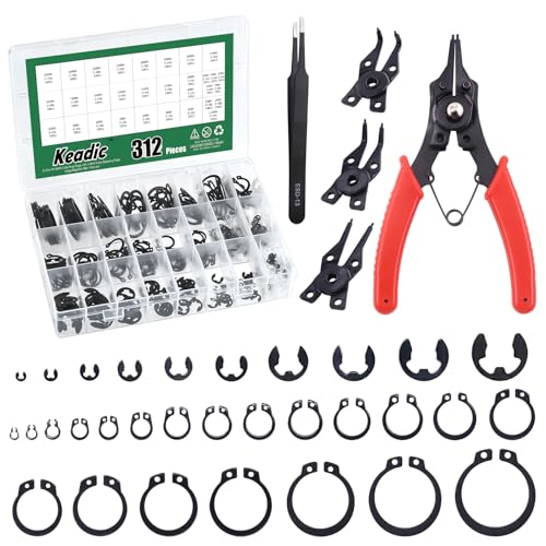 Keadic 312Pcs [M4-M28] C-Clip Externe Sicherungsringe Sprengringe Sortiment Kit & [1.5mm-10mm] E-Clip Sicherungsring Sortiment Set & Pcs Sprengring Zange mit Pinzette (Legierter Stahl) von Keadic