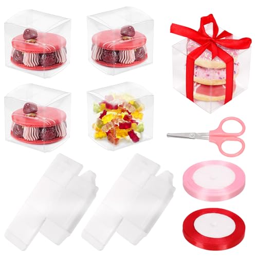 Keadic 33 Stück Klar Quadratisch Favor Boxen mit Geschenkbänder, Schere, kleine transparente Würfel Kunststoff-Verpackung behandeln Box für Macaron Candy Cupcake Hochzeit Party (Klar, 2x 2 Zoll) von Keadic