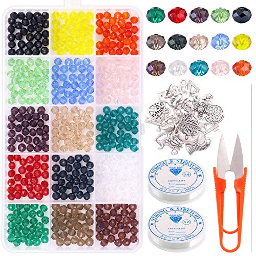 Keadic 474 Stück 15 Farben 8 mm Briolette-Kristallglasperlen-Set für Armbänder und andere DIY-Perlenschmuck, mit 0,8 mm elastischer Schnur von Keadic