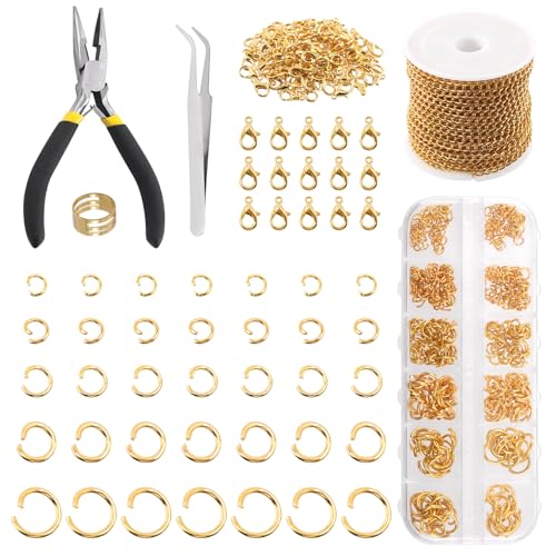 Keadic 504Pcs 30 Feet 3mm Edelstahl Halskette machen Ketten mit 4mm 5mm 6mm 10mm Open Jump Rings, Lobster Clasps, Schmuck Zangen für Ohrring Armband Anklet DIY Craft (Gold) von Keadic